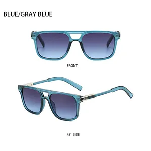 Front and 45-degree side views of blue pilot sunglasses with gradient lenses