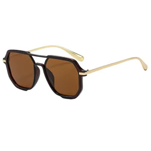 Fashionable square sunglasses with double bridge frames and gold metal temples for women