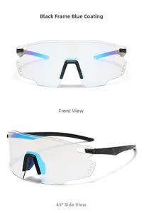 Detail view of sport cycling goggles with black frame and blue coating lenses