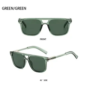 Front and 45-degree side views of green double-bridge sunglasses with metal grid detail