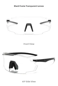 Front and side view of frameless cycling goggles with clear lenses and black bridge
