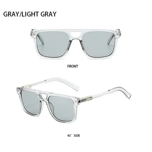 Front and 45-degree views of clear double-bridge aviator sunglasses with gray lenses