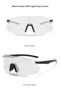 Front and 45-degree side macro view of light gray lenses on black sports goggles
