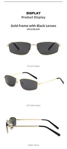 Detailed views of vintage square metal sunglasses with gold frame and dark grey lenses