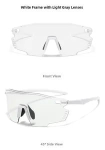 Front and side view of white cycling glasses with light grey lenses and anti-slip nose pads
