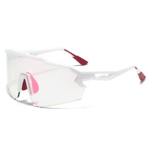 Oversized white photochromic sports sunglasses with iridescent lens for outdoor cycling