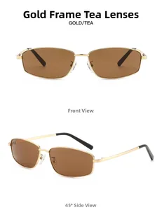 Front and side view of gold square sunglasses with brown lenses and sleek metal frames