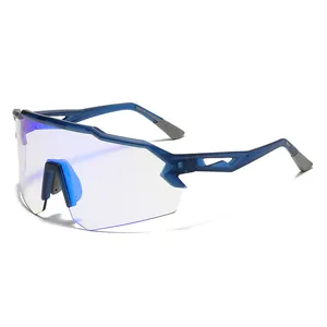 Blue polarized wrap-around cycling sunglasses with large one-piece lens for outdoor sports