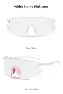 Detail view of sports cycling glasses with white frame and pink reflective lenses