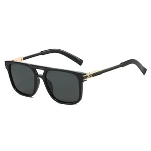 Retro double-bridge aviator sunglasses with black frame and gold metal grid details