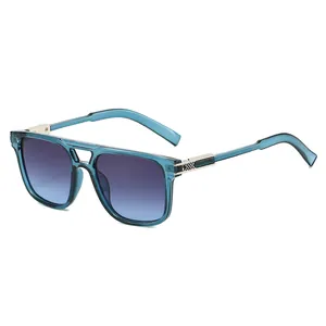 Retro double-bridge sunglasses with blue gradient lenses and transparent square frames