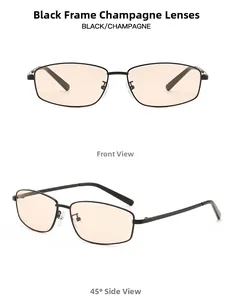 Detail view of rectangular black metal frames with champagne lenses from multiple angles