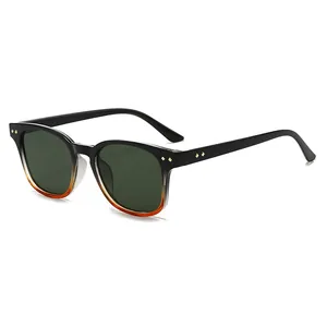 Retro square frame sunglasses with black and orange gradient finish and dark green lenses