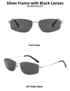 Front and 45-degree side views of square silver metal sunglasses with dark gray lenses
