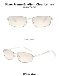 Detailed views of silver rectangular metal frame glasses with gradient clear lenses