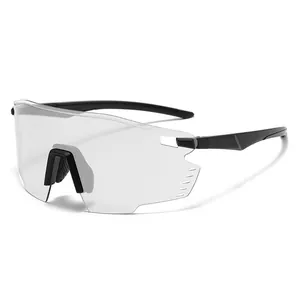 Outdoor sports cycling goggles with clear wrap-around lens and black frame for wind protection