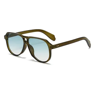 Classic double-bridge aviator sunglasses with gradient blue lenses and green frame
