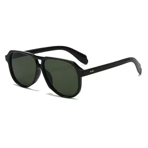 Classic black pilot aviator sunglasses with dark green lenses and silver dot accents