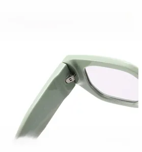 Détail macro des lunettes vert menthe montrant la charnière métallique et les marquages