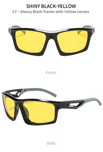 Détail des lunettes de soleil de sport noir brillant avec verres jaunes et coussinets gris