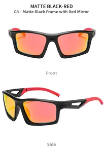 Vue détaillée des lunettes de cyclisme noir mat avec verres miroirs rouges et aérés