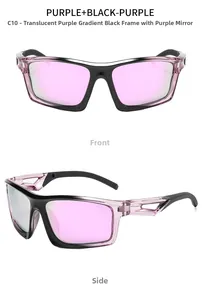 Vues de face et de profil de lunettes de sport polarisées violettes à monture dégradée