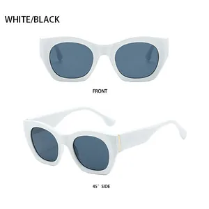 Vistas frontales y laterales de gafas de sol blancas estilo ojo de gato con detalles dorados