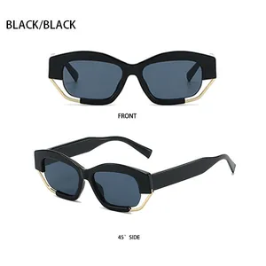 Vorderansicht und 45-Grad-Seitenansicht der schwarzen Cat-Eye-Sonnenbrille mit Goldakzenten