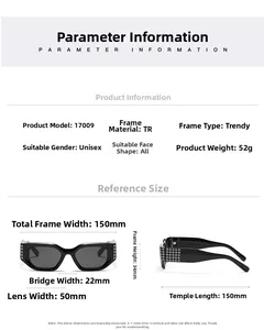 Guide des tailles pour lunettes de soleil carrées 17009 avec dimensions de la monture