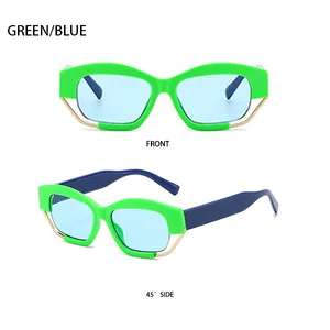 Vorder- und 45-Grad-Seitenansicht der grünen Cat-Eye-Sonnenbrille mit blauen Gläsern und Metall