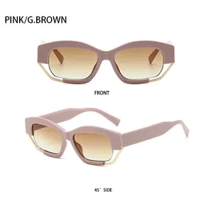 Vorder- und 45-Grad-Seitenansicht der rosa Cat-Eye-Sonnenbrille mit braunen Verlaufsgläsern