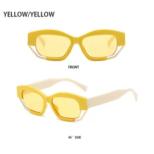 Detaillierte Vorder- und Seitenansicht der trendigen Cat-Eye-Sonnenbrille mit gelben Rahmen