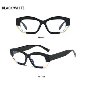 Vorder- und 45-Grad-Seitenansicht der Cat-Eye-Sonnenbrille mit schwarzem Rahmen und Goldrand