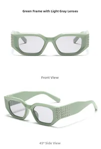 Détails de lunettes de soleil carrées vert menthe avec rivets argentés et verres gris