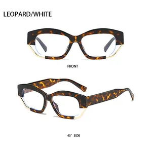 Front- und 45-Grad-Ansicht der Katzenaugen-Sonnenbrille mit Leopardenmuster und Goldrand