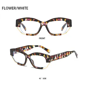 Cat-Eye-Brille in Flower-White mit goldener Metallkante, Vorder- und 45-Grad-Seitenansicht