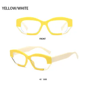 Front- und 45-Grad-Seitenansicht der gelb-weißen Cat-Eye-Sonnenbrille mit dickem Rahmen