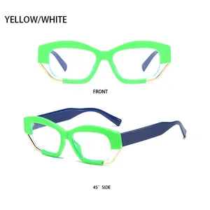 Detailansicht der geometrischen Cat-Eye-Sonnenbrille in Neongrün und Blau mit Goldrand