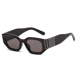 Lunettes de soleil hexagonales violettes avec rivets métalliques sur fond blanc