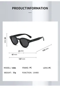 Detailed dimension guide for retro round rivet sunglasses with UV400 PC frame and lenses