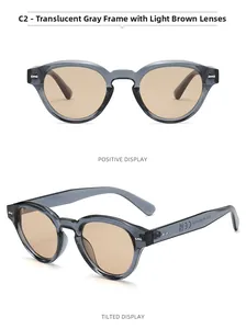 Detail view showing round grey frame sunglasses with tea lenses and CE certification marks