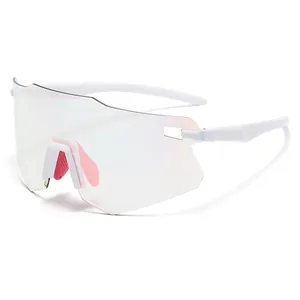 White lightweight sports cycling sunglasses with photochromic lens and pink nose pad