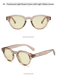 Detail view of round retro sunglasses in tea transparent resin frame with yellow lenses