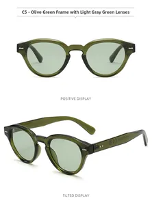 Detail view of olive green retro round sunglasses showing CE and UKCA safety marks