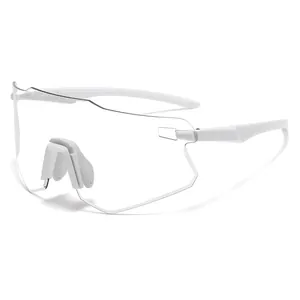 White frame sports cycling glasses with large transparent anti-UV protective lenses