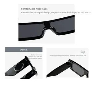 Detail view of square sunglasses featuring reinforced hinges and integrated nose pads