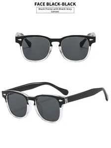 Détail de lunettes de soleil rétro avec monture noire et transparente et rivets argentés