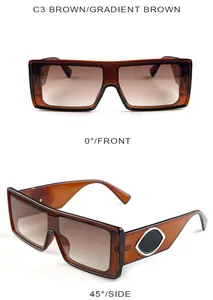 Front and side views of square brown gradient sunglasses with transparent frame