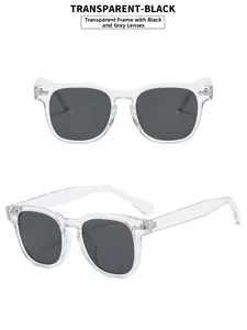 Vues de face et de profil à 45 degrés de lunettes de soleil carrées transparentes à verres gris