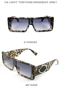 Detailed front and side views of light tortoise square sunglasses with gradient grey lenses